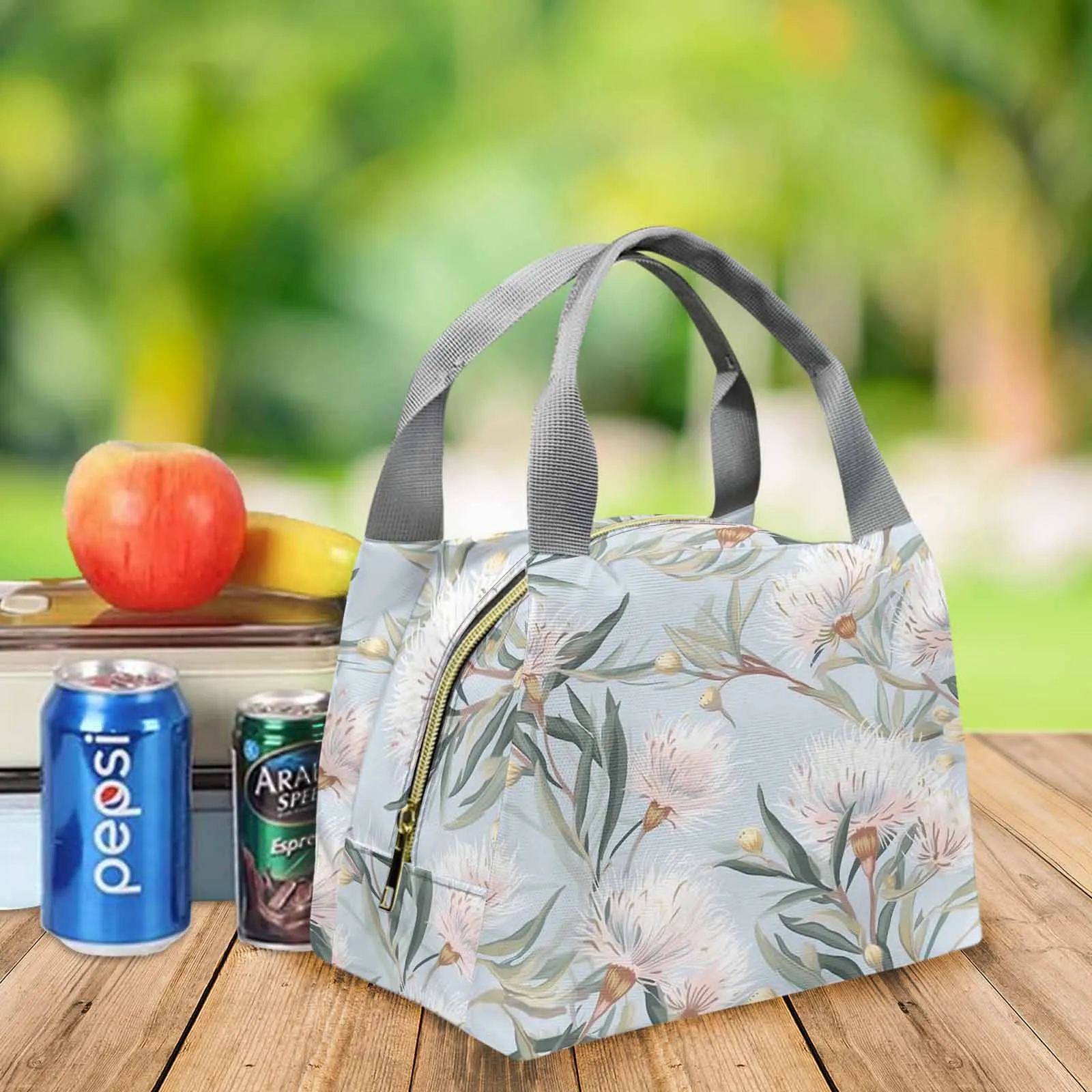 Australian Floral Blue  Portable Lunch Bag-Grey Handle