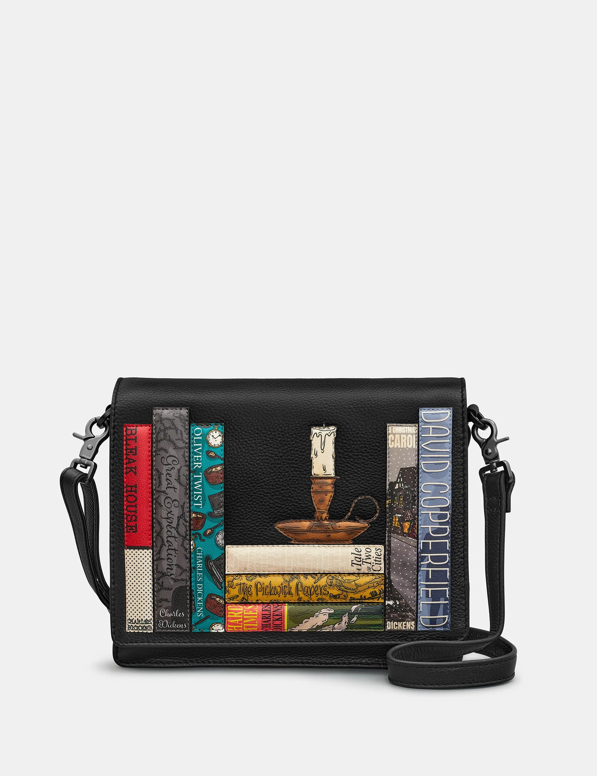 Dickens Bookworm Black Leather Flap Over Cross Body Bag