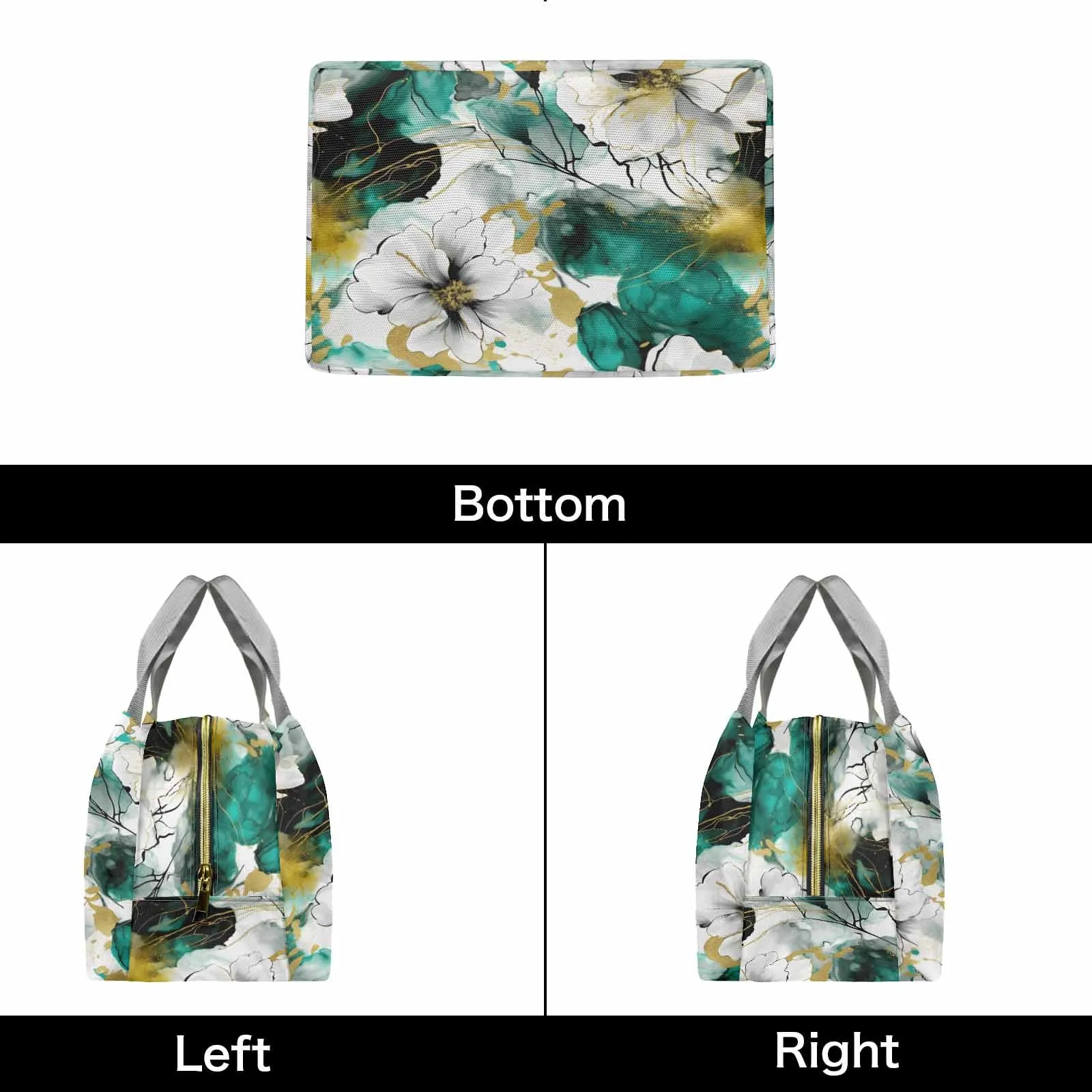 Green and White Ink Floral  Portable Lunch Bag-Grey Handle