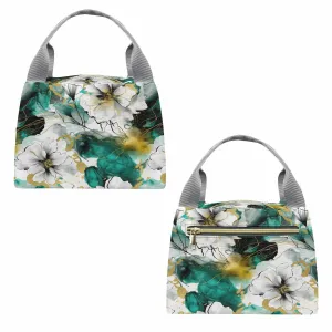 Green and White Ink Floral  Portable Lunch Bag-Grey Handle