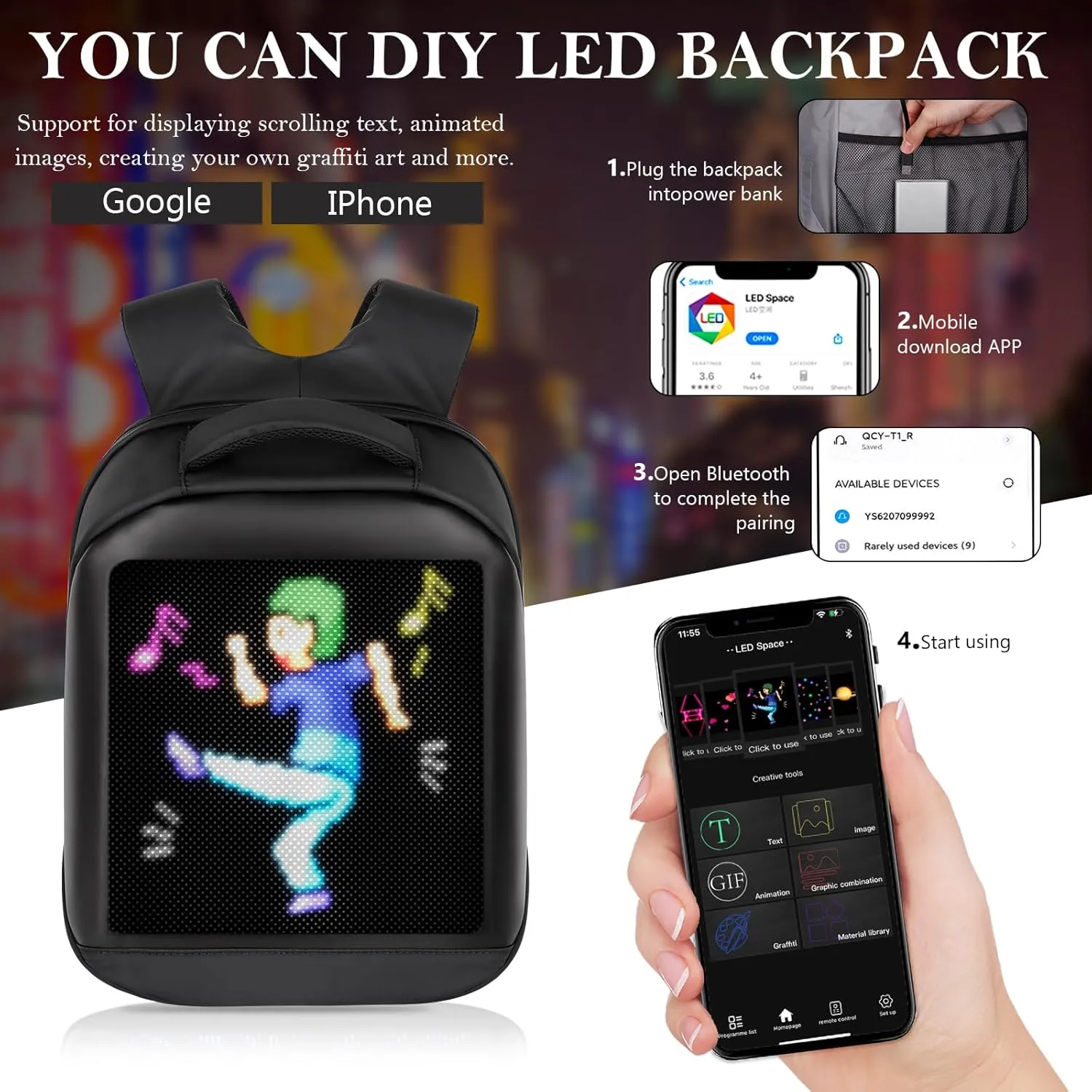 Led Backpack Multifunctional Laptop Backpack Laptop Backpack with Led Display DIY Fashion Backpack For Daily Use