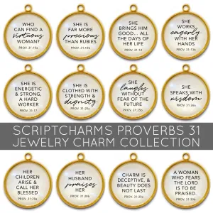 Proverbs 31 Woman - Set of 12 Scripture Charms for Jewelry Making, 16 or 20mm, Gold